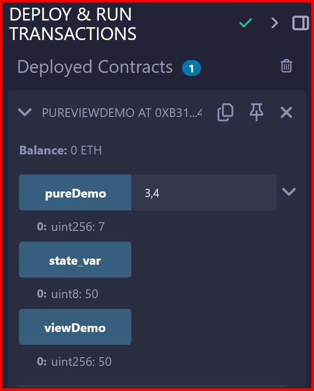 Picture showing the output of pure and view function in solidity